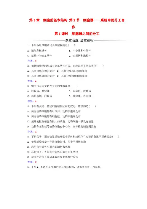 高中生物第3章细胞的基本结构第2节细胞器之间的分工(第1课时)练习1解析