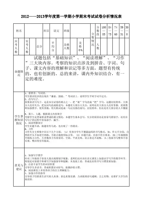 小学期末考试成绩统计表及试卷分析表三年级语文2012—2013第一学期期末分析