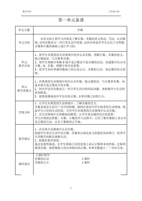 六年级下册数学第一单元单元备课