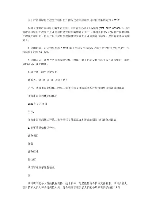 关于在园林绿化工程施工项目公开招标过程中应用信用评价结果的通知(2020)