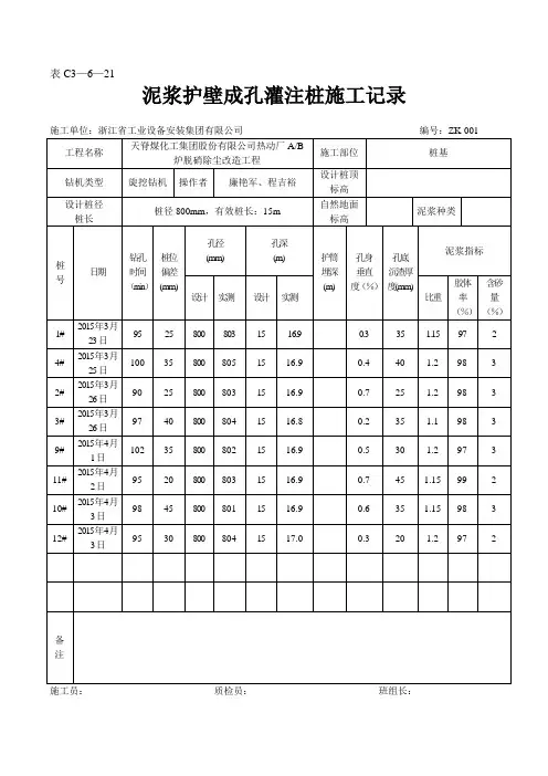 泥浆护壁成孔灌注桩施工记录