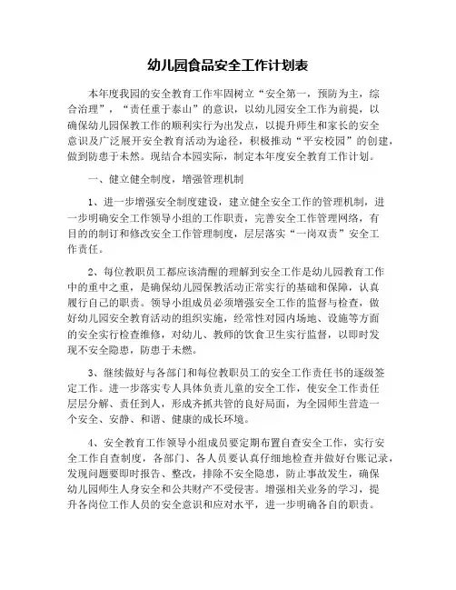 幼儿园食品安全工作计划表