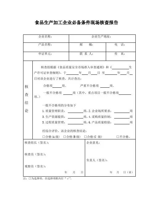 食品生产加工企业必备条件现场核查报告