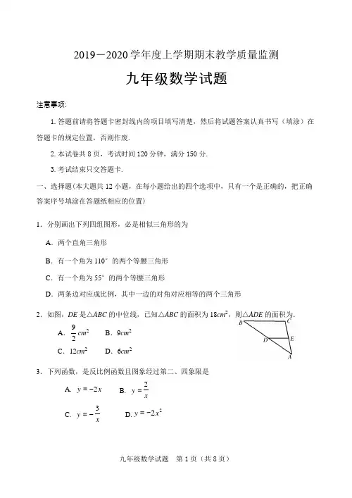 2019-2020 学年度上学期期末教学质量监测  九年级数学试题