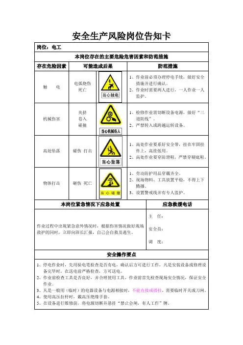 安全生产风险岗位告知卡 2