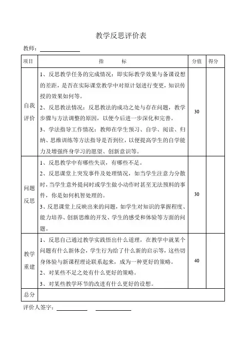 教学反思评价表