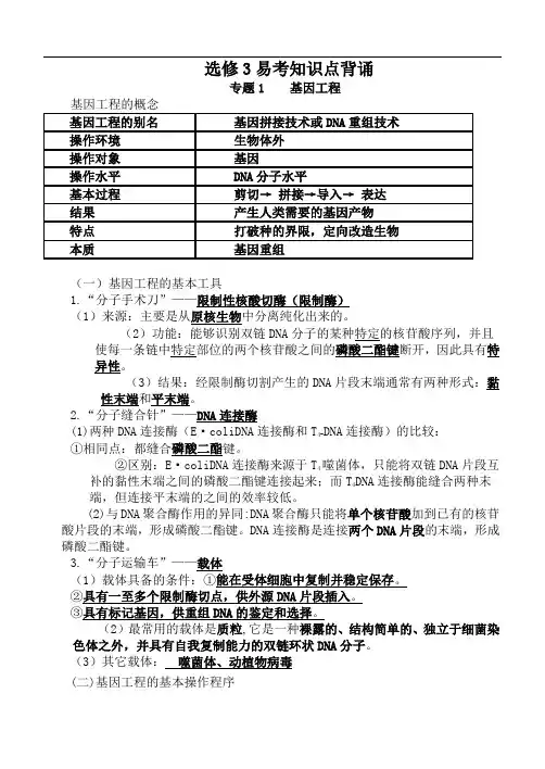 高中生物选修三全套知识点+填空