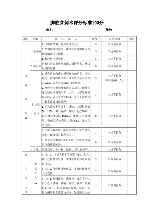 胸腔穿刺过程及评分标准