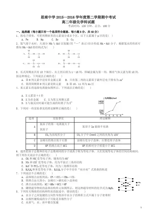 贵州省2015-2016学年高二化学下学期期中试题