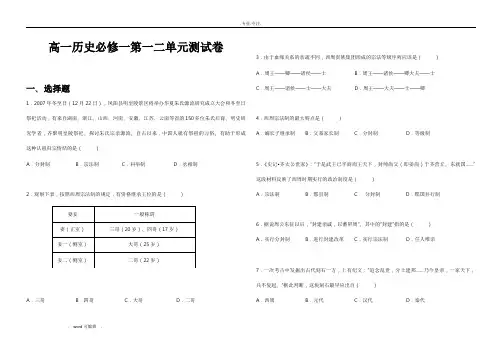 人民版高中一年级历史必修一第一二单元测试卷附答案