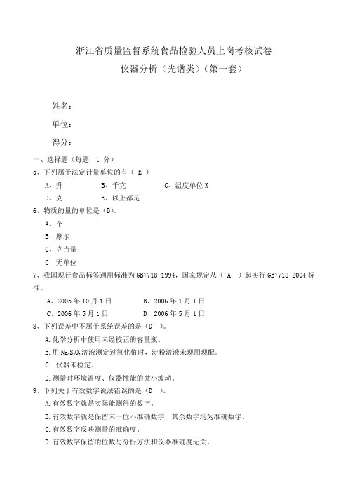 光谱分析试题1解析