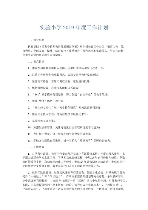 工作计划-实验小学2019年度工作计划 精品