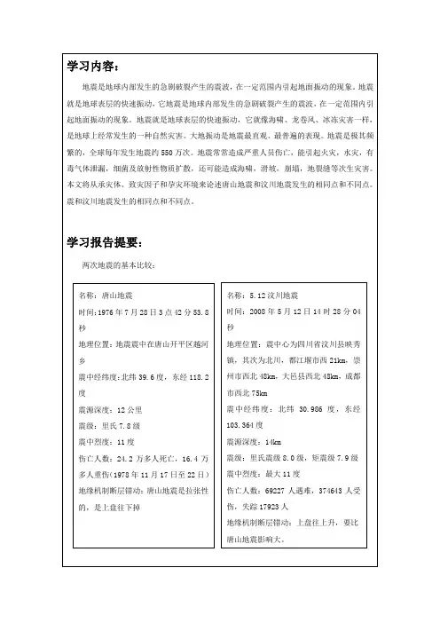 比较唐山地震与汶川地震
