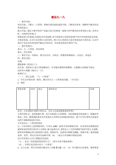 八年级历史上册第16课难忘九一八教学设计鲁教版