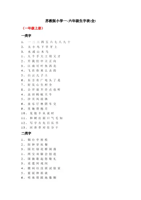 苏教版小学1~6年级生字表全