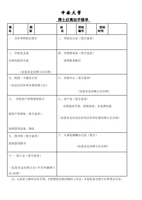 博士后离站手续单