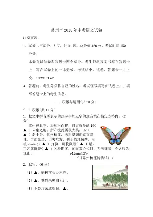江苏省常州市中考语文试卷含答案