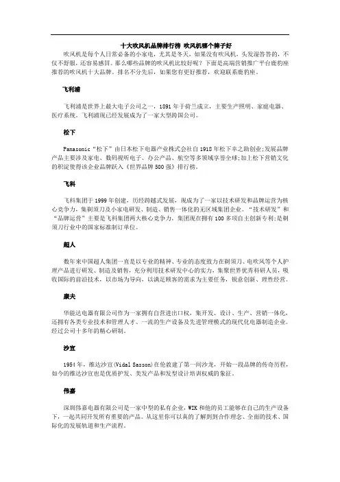 十大吹风机品牌排行榜 吹风机哪个牌子好