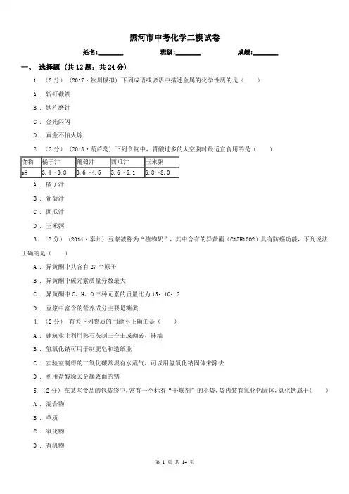 黑河市中考化学二模试卷 