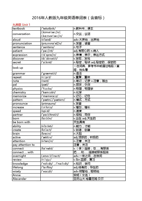 2016新版人教版九年级英语单词表全一册(附音标和解释)OK