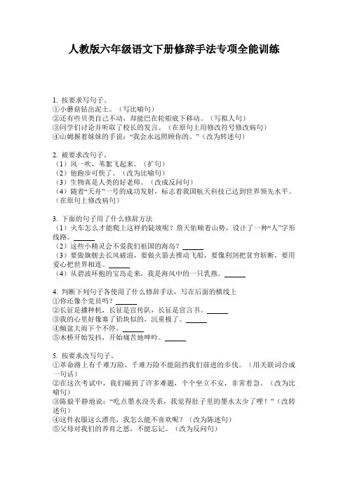 人教版六年级语文下册修辞手法专项全能训练