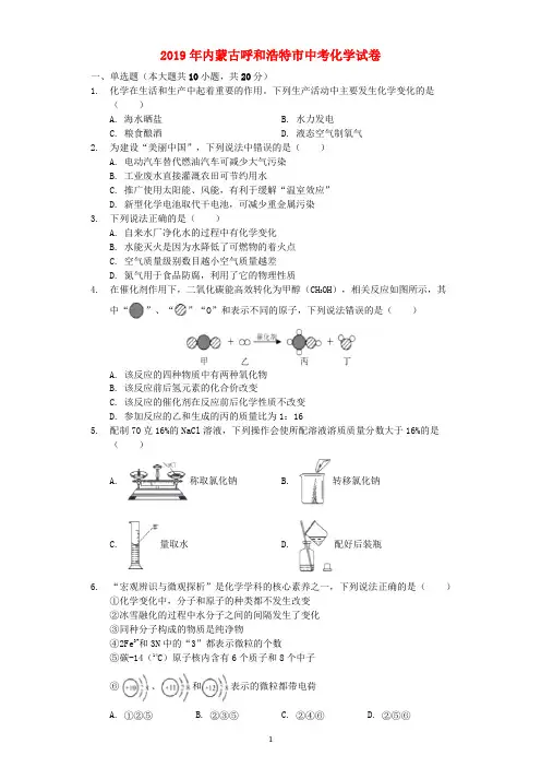 (化学中考真题)2019年内蒙古呼和浩特市中考化学试题(word版含答案解析)