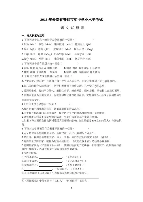 2013年云南省普洱市初中学业水平考试语文试卷及答案