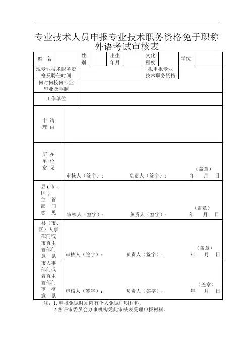 专业技术人员申报专业技术职务资格免于职称外语考试审核表