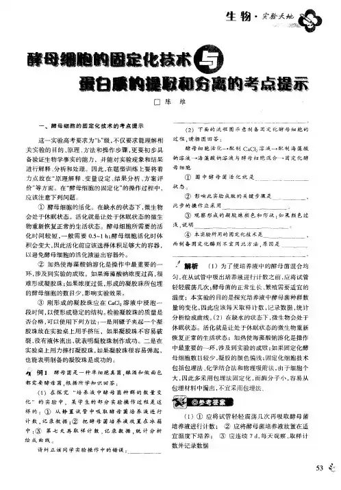 酵母细胞的固定化技术与蛋白质的提取和分离的考点提示
