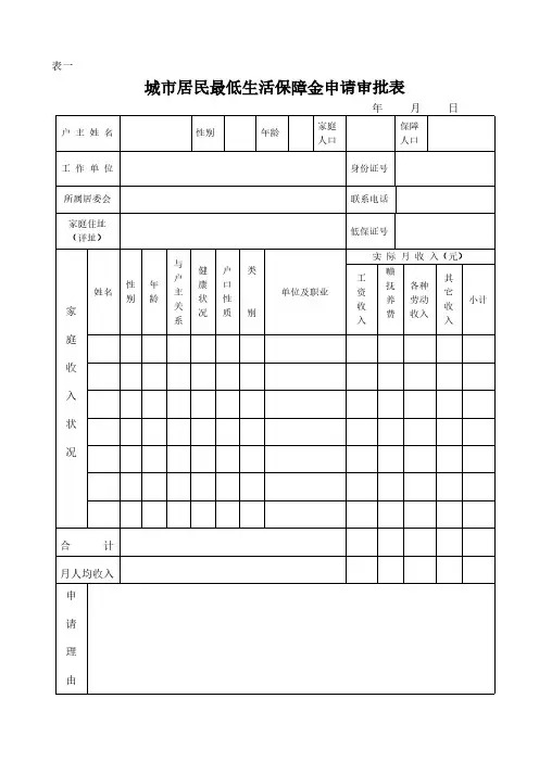【免费下载】城镇居民低保表格
