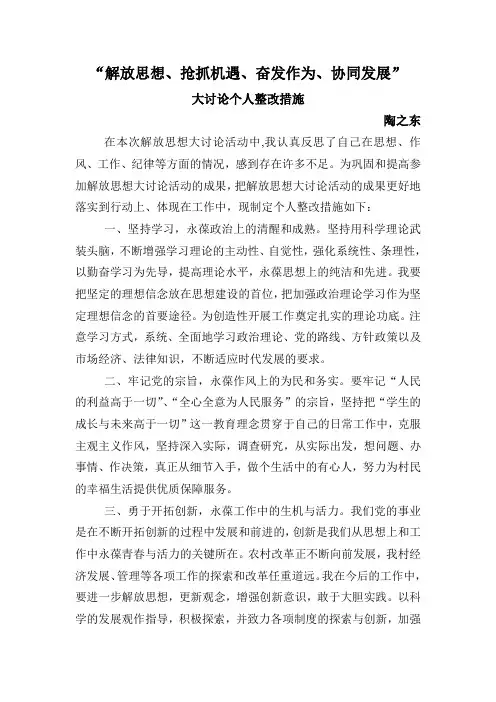 个人“解放思想、抢抓机遇、奋发作为、协同发展”大讨论整改方案(陶之东)