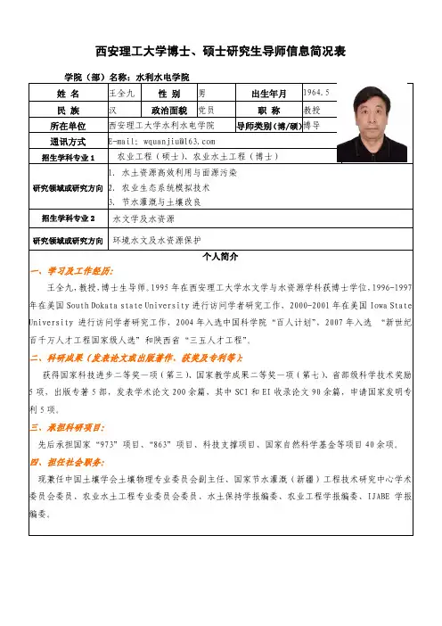 王全九-西安理工大学博士、硕士研究生导师信息简况表