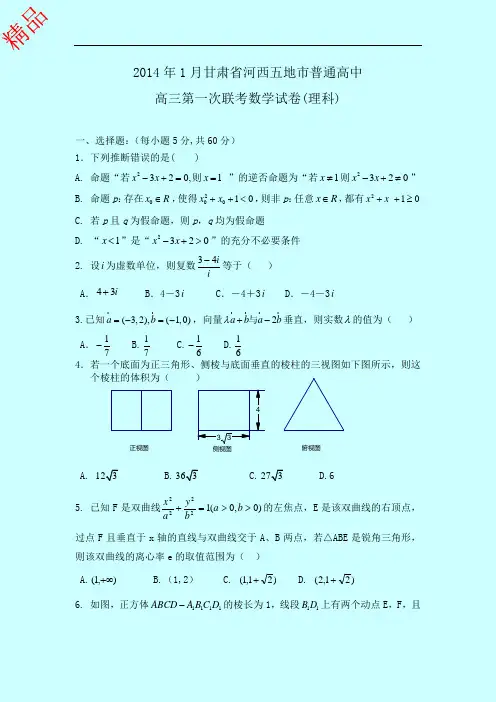 甘肃省河西五市部分普通高中2014届高三上学期第一次联合考试(1月)数学(理)试题Word版含答案