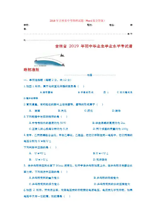 中考2019年吉林省中考物理试题(Word版含答案)