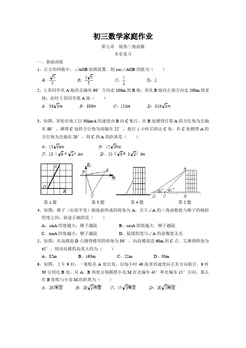 初三数学家庭作业 锐角三角函数 本章复习