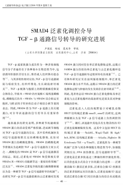 SMAD4泛素化调控介导TGF-β通路信号转导的研究进展