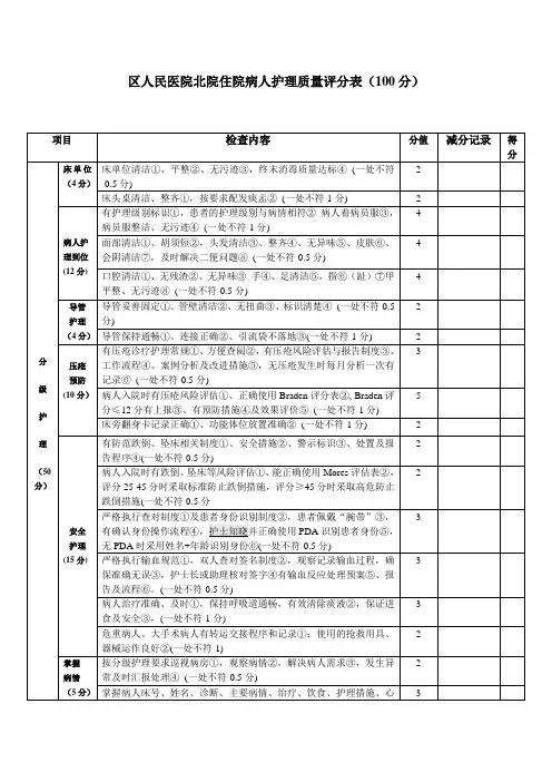 医院护理质量评分表