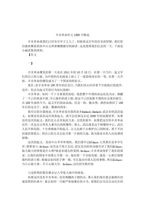 辛亥革命作文1000字精选