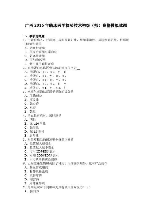 广西2016年临床医学检验技术初级(师)资格模拟试题