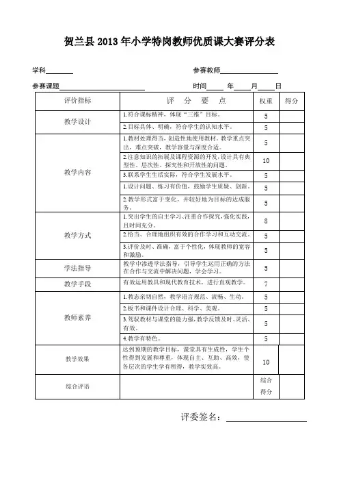 小学教师优质课大赛评分表