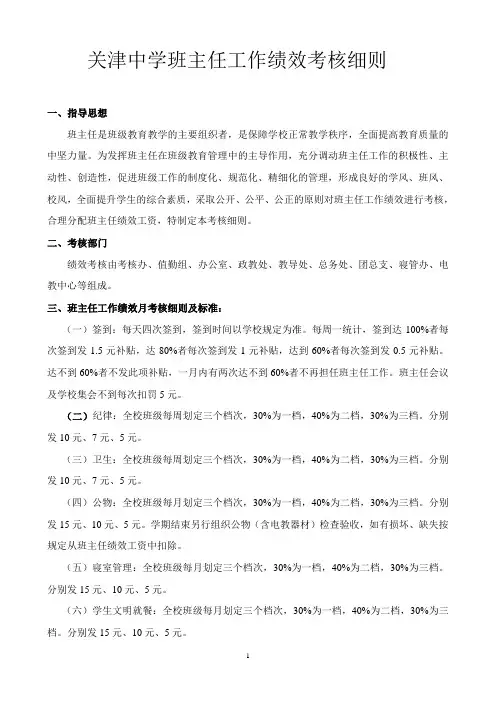 关津中学班主任工作绩效考核细则(精)