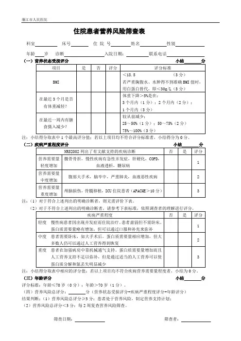 住院患者营养风险筛查表