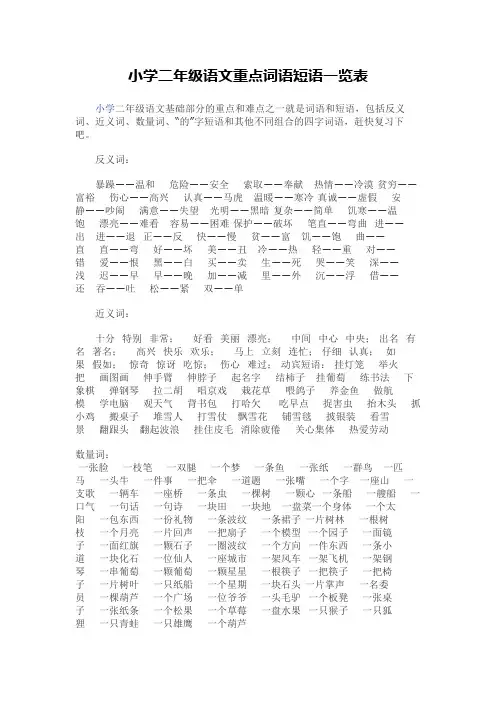 小学二年级语文重点词语短语一览表
