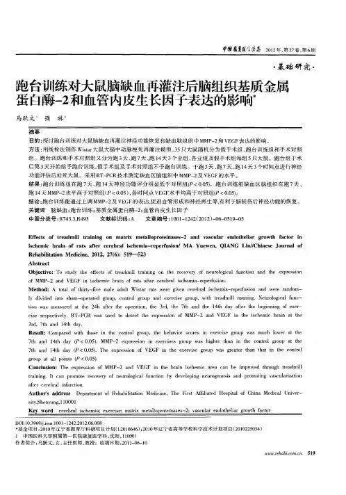 跑台训练对大鼠脑缺血再灌注后脑组织基质金属蛋白酶-2和血管内皮生长因子表达的影响