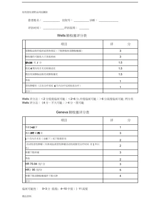 肺栓塞评分表只是分享