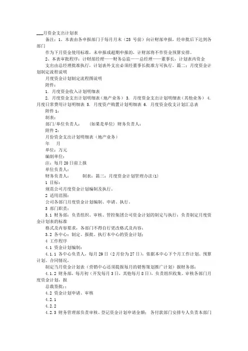 财务月度资金计划表