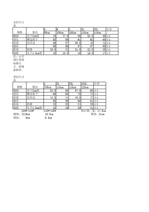 羊毛衫成衣尺寸规格单