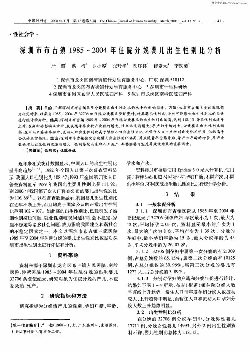 深圳市布吉镇1985～2004年住院分娩婴儿出生性别比分析