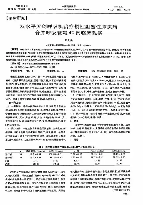 双水平无创呼吸机治疗慢性阻塞性肺疾病合并呼吸衰竭42例临床观察