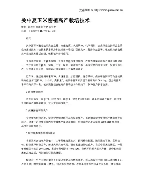 关中夏玉米密植高产栽培技术